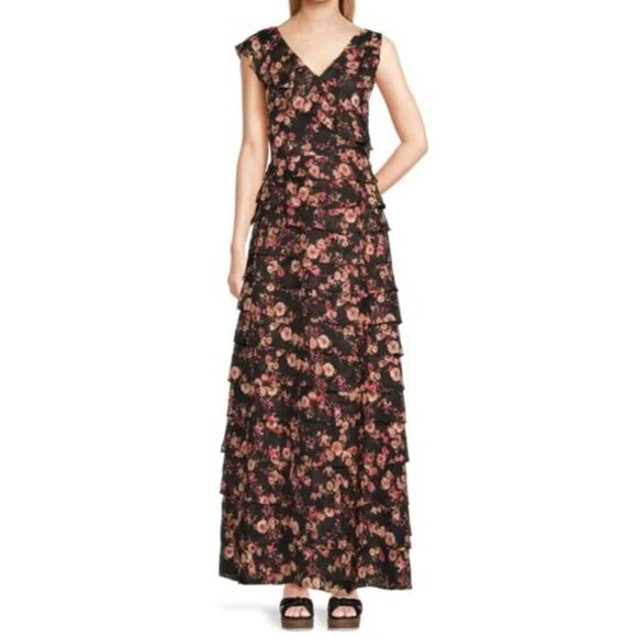 NWT Mikael Aghal Floral Tiered Gown Black Fuschia Size 6 - Picture 1 of 15